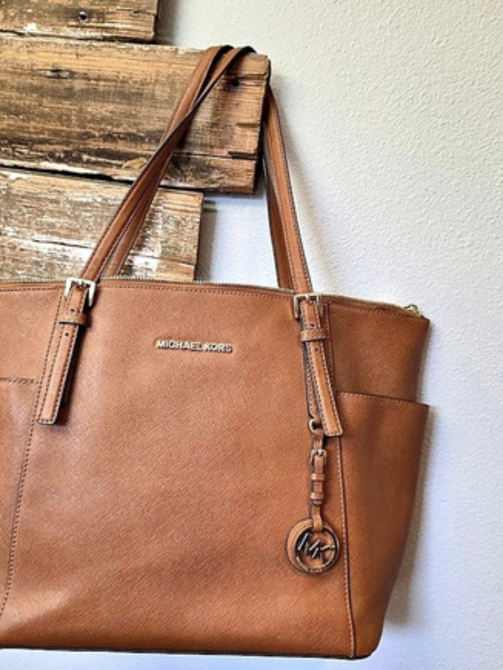 Michael Kors Jet Set Travel Medium Saffiano Leather Top-Zip Tote Brown